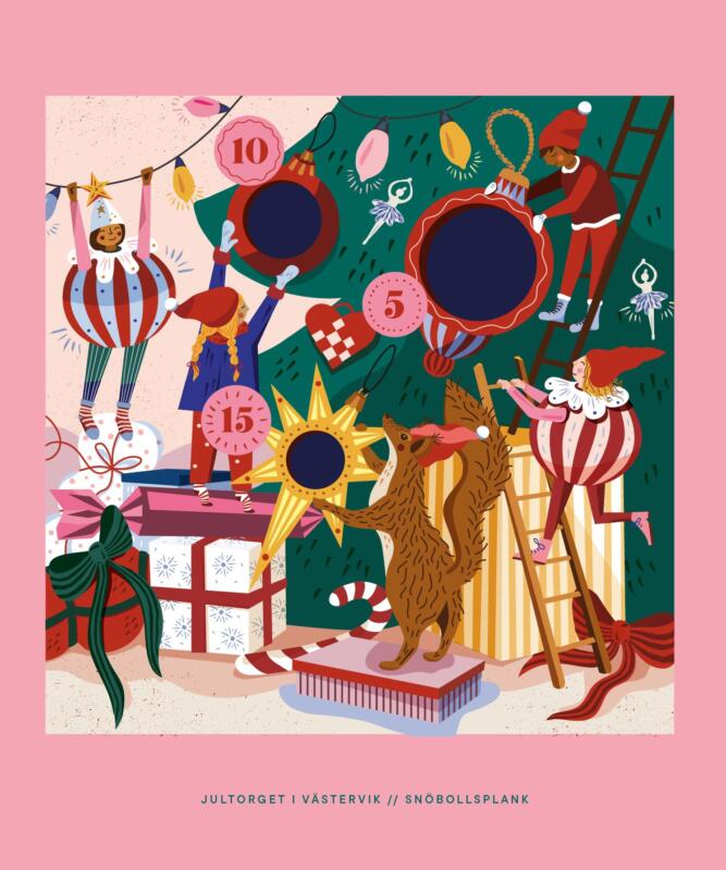 Illustration av en julgran som kläs av barn och djur. I granen hänger julkulor, ljusslingor och julpynt. Under granen ligger paket