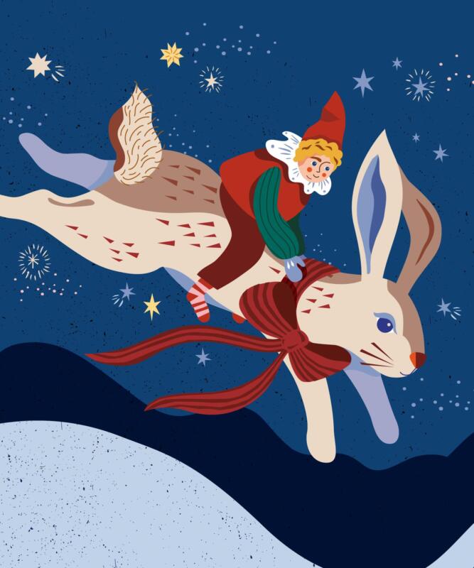 Tomtenisse som rider på haren, med snöklädda vyer och en stjärnhimmel i bakgrunden.