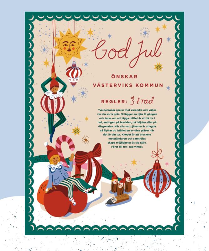 Skylt där kommunen önskar god jul med tomtenissar, paket, polkagris, julkulor och julpynt