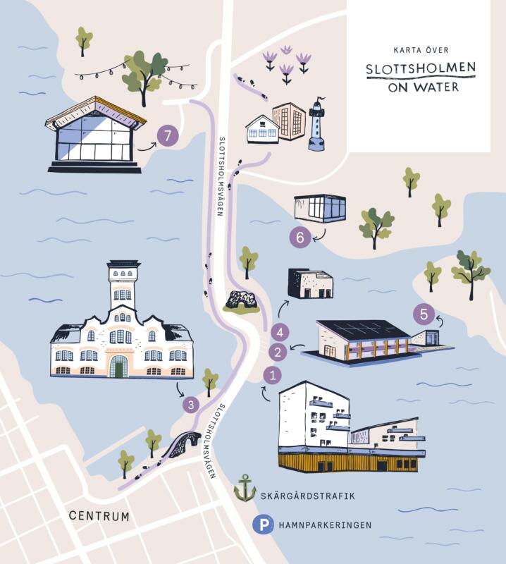 Karta över Västervik/småstad med byggnader, hus, träd, bro och ruin. Kartan är grafiskt enkel men med handritade byggnader som gör den personlig och lekfull