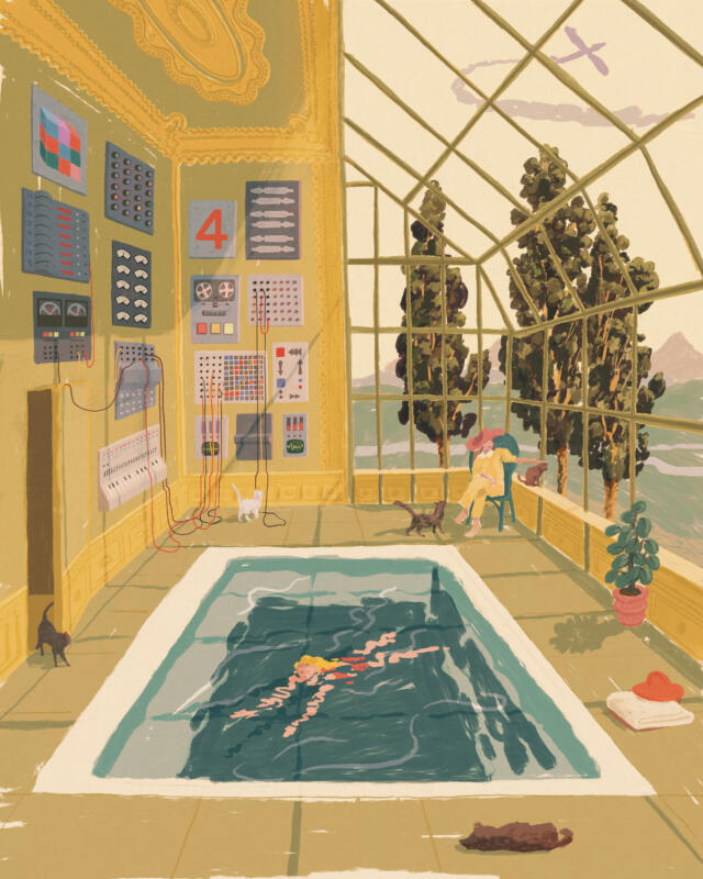 Painterly interior illustration of a conservatory with swimming pool. In the room are a wall of modular synths and lots of cats 