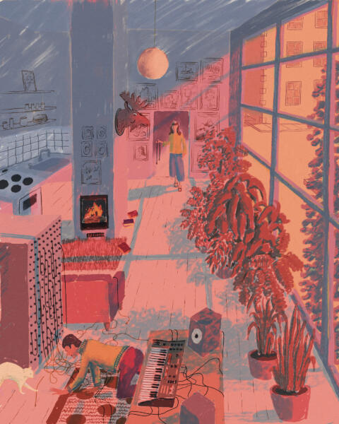 Illustration of modernist interior with strong evening sunlight shining in through large windows. Two people play with modular synth. Pink and yellow tones.