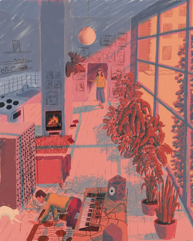 Illustration of modernist interior with strong evening sunlight shining in through large windows. Two people play with modular synth. Pink and yellow tones.