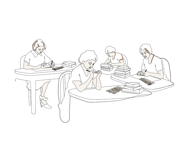 Illustration av Kvinnor som kontrollerar borrprover och räknar årsringar.