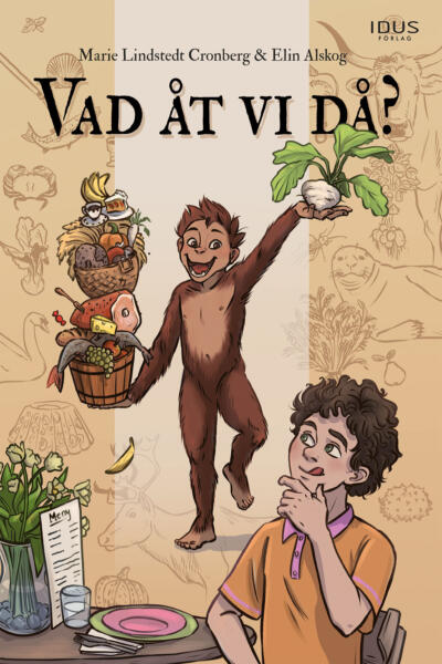 Pojke sitter vid matbord och funderar på vad han ska äta. Olika sorters mat. Förhistorisk människa, hominin. Meny restaurang. Kaffe, tårta, banan, frukt, bröd, kött, fisk, ost, grönsaker, socker, godis, dukat bord. 