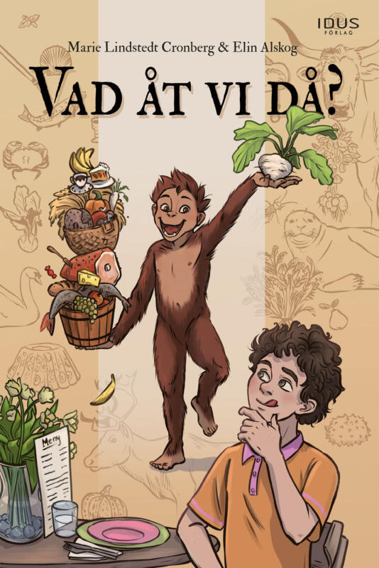 Pojke sitter vid matbord och funderar på vad han ska äta. Olika sorters mat. Förhistorisk människa, hominin. Meny restaurang. Kaffe, tårta, banan, frukt, bröd, kött, fisk, ost, grönsaker, socker, godis, dukat bord.