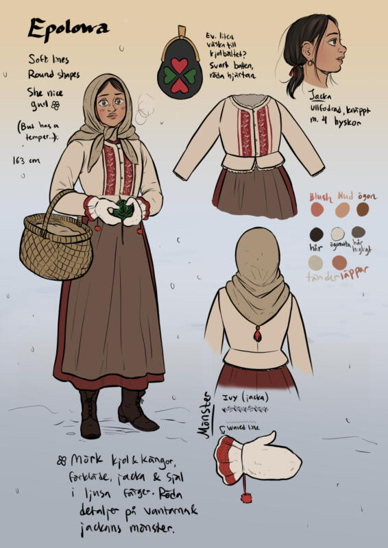 Karaktärsdesign och paletter till serien Vintersaga. Kvinna i 1910-talskläder, med flätad korg och ett grönt garnnystan. Paletter för färgläggning, kläddesign, vantar och vinterkläder. Information om karaktären som heter Epolowa. 