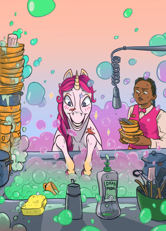 Bokillustration från barnboken En enhörning på restaurang. En enhörning som diskar och många färgglada såpbubblor. 