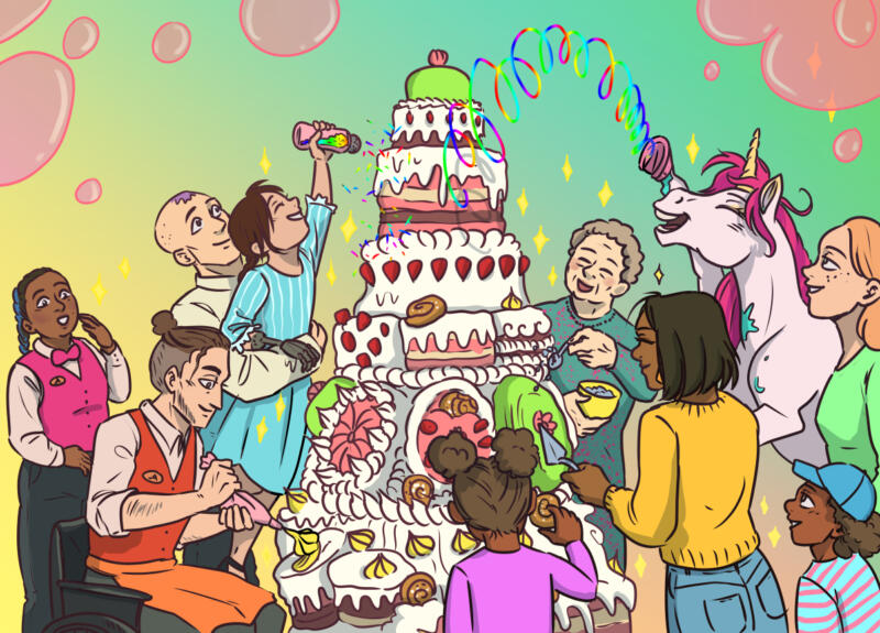 Bild från boken En enhörning på restaurang. Människor och en enhörning dekorerar en stor tårta. Barn, kvinnor, män, gamla, unga och en enhörning. Färgglad och festlig, strössel, serpentiner, glitter, glad. 