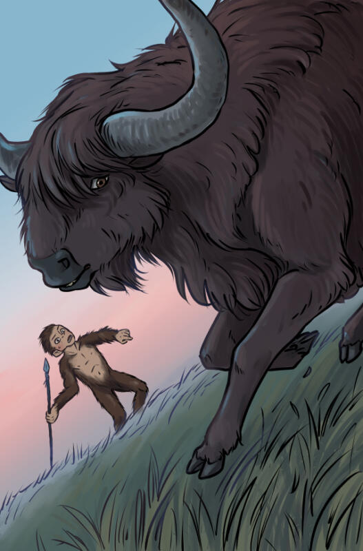 Digital målning av pojke hominin jagar en oxe med spjut. Skymning, gryning, spänning. Uroxe, förhistorisk tid, historia, skaffa mat. Bokillustration till Vad åt vi då? 1,7 miljoner år sedan.