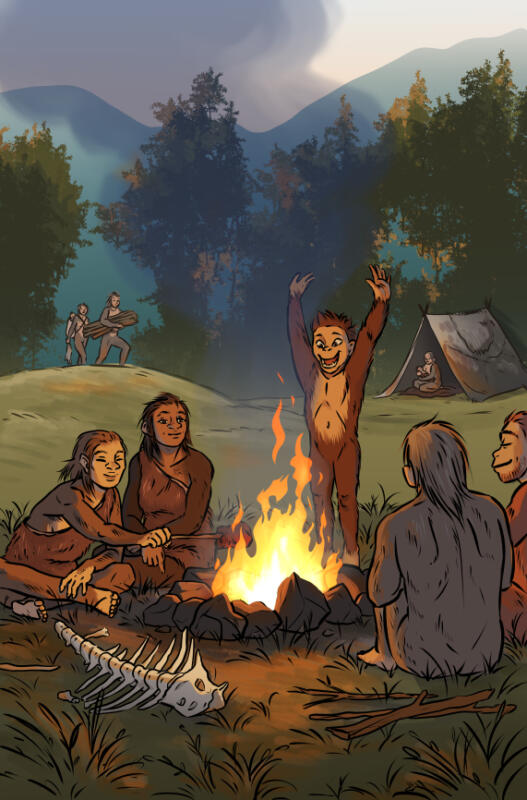 Bokillustration till Vad åt vi då? Förhistoriska människor, homininer, runt en lägereld. Mysigt, kväll, natur, mat, läger, ben, grilla, samla mat, glad, kvinnor, män, barn. Miljoner år sedan. Homo erectus.