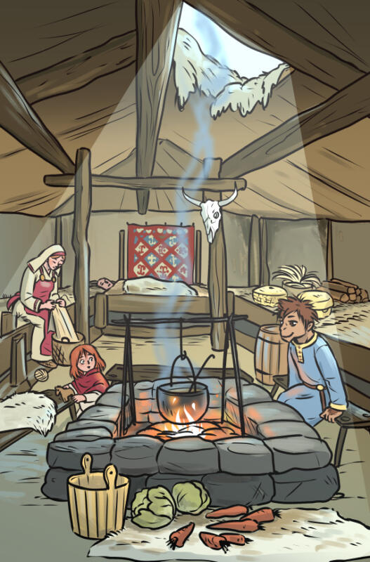 Familj med vikingar inne i ett långhus. En eldstad, mamma, pappa, dotter, pojke, hominin. Lagar mat, leker och utför hantverk.