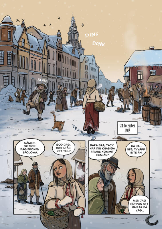 Seriesida från Vintersaga. En tjej går in på en marknad i stan, det är vinter och julstämning. Det är 1900-tal och det syns folk och gamla hus. Kyrkklockan ringer stämningsfullt. 