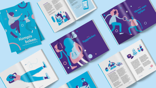 Uppslag från UNF:s Kompisboken. En tjej som vilar i gräset, en ryggsäck, polisen och hushållsarbete