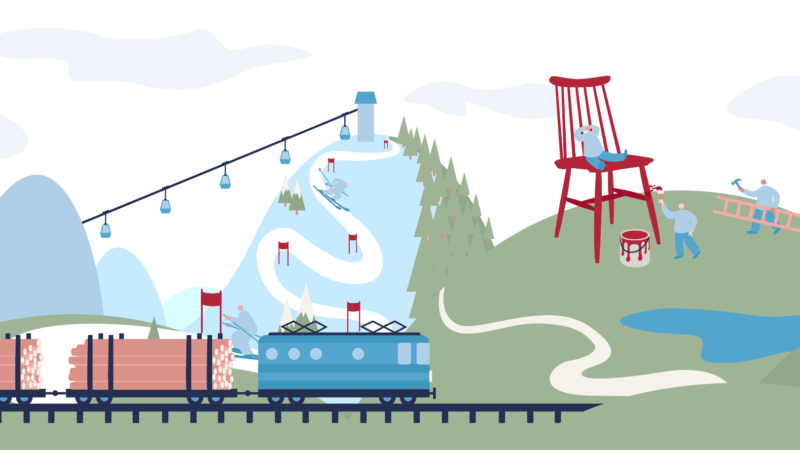 Illustration av ett tåg som åker genom ett landskap med skidbacke och en stor stol från Edsbyverken