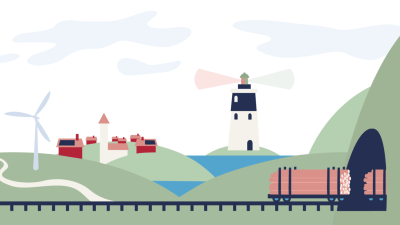 Illustration av en liten by och fyren Storljungfrun utanför Söderhamn