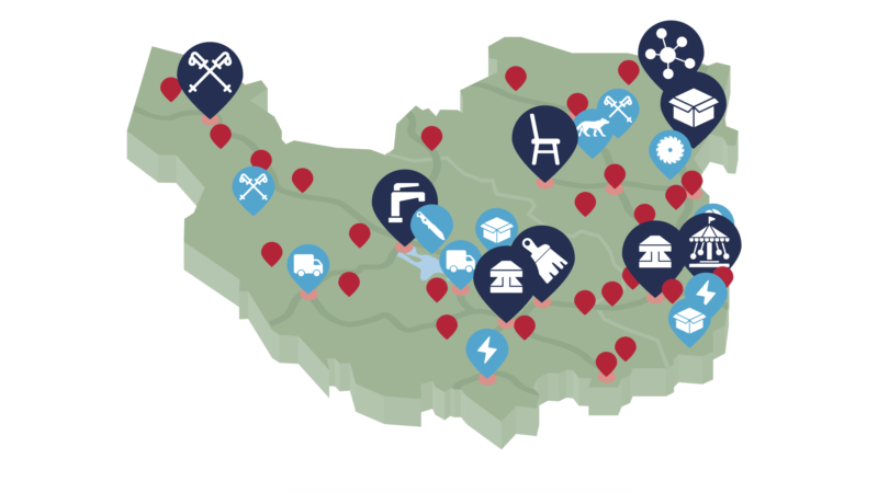 Karta över Mellansvenska Handelskammarens områden med ikoner där verksamheten finns
