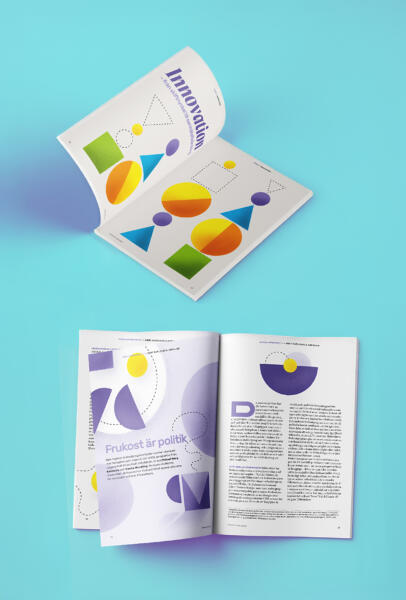 Två tidningsuppslag som illustrerar innovation och frukost med geometriska former