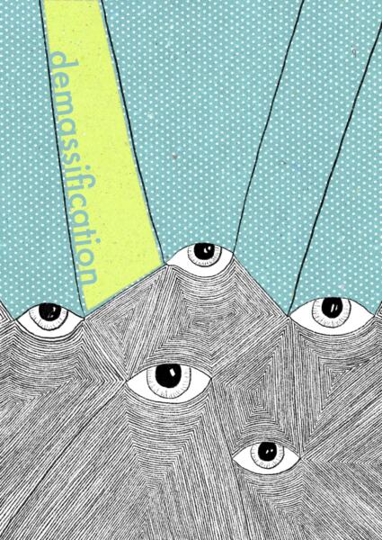 Affisch med sammankopplade ögon som symboliserar digital kommunikation och begreppet demassification, utställd online vid Istinye Universitys Media and Society Symposium.