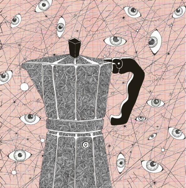 Digital collage, svartvit illustration av espressokanna med ögonmotiv, fokus och medvetenhet.
