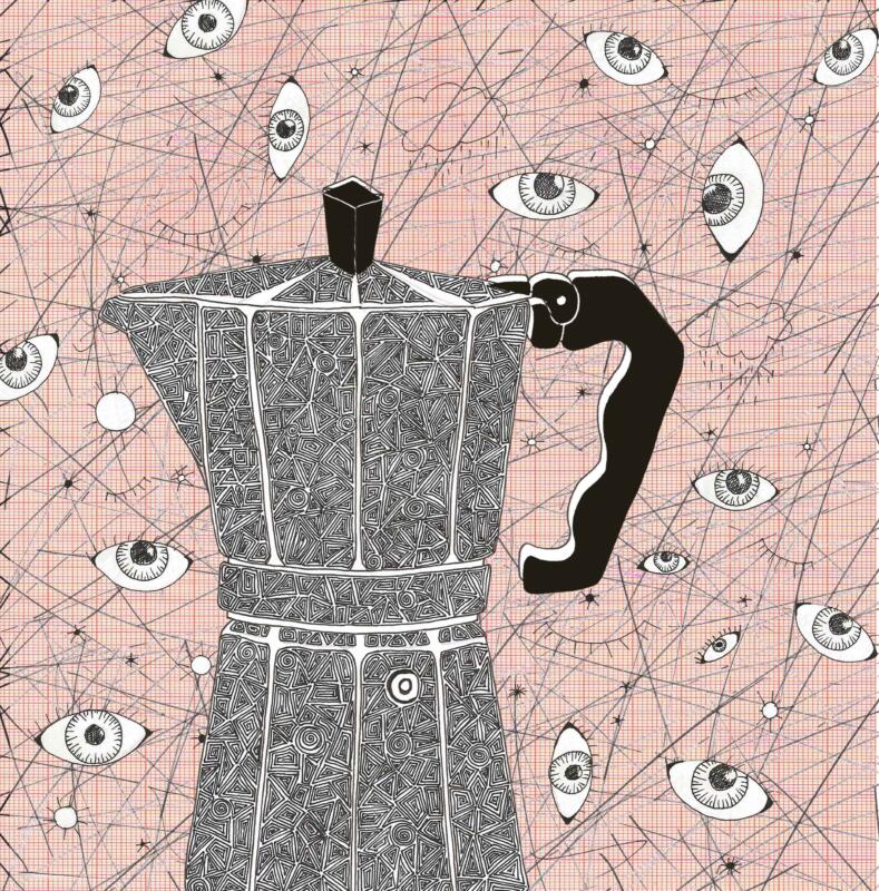 Digital collage, svartvit illustration av espressokanna med ögonmotiv, fokus och medvetenhet.