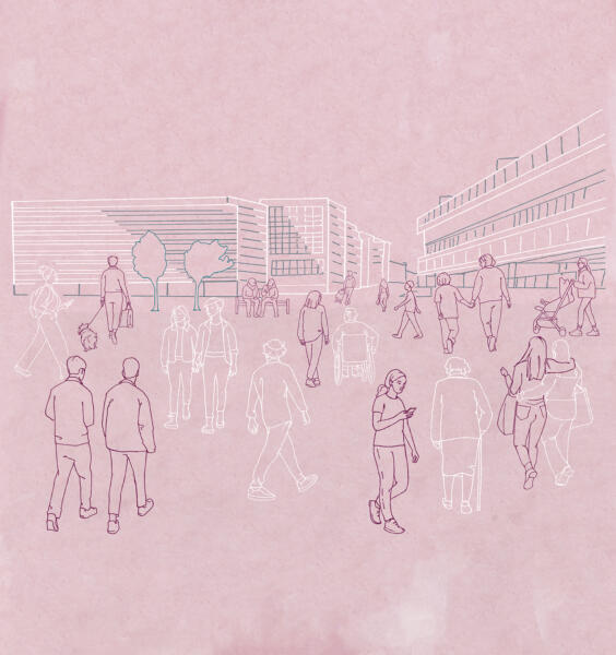 Illustration med linjer på rosa bakgrund med människor som går i olika riktningar över ett stort torg i staden.
