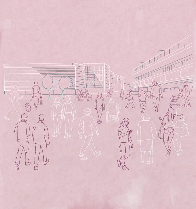 Illustration med linjer på rosa bakgrund med människor som går i olika riktningar över ett stort torg i staden.
