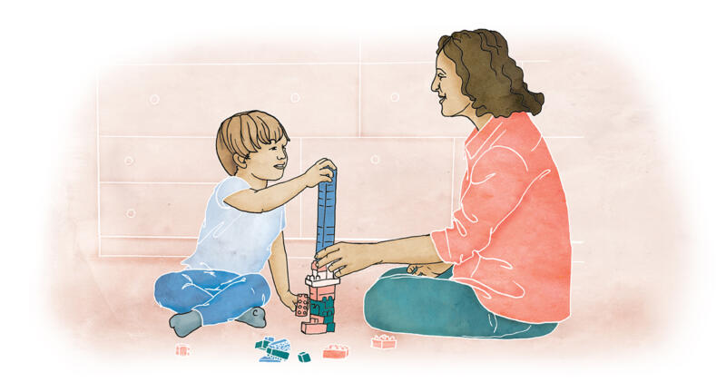 Illustration av Mamma och barn leker på golvet med lego