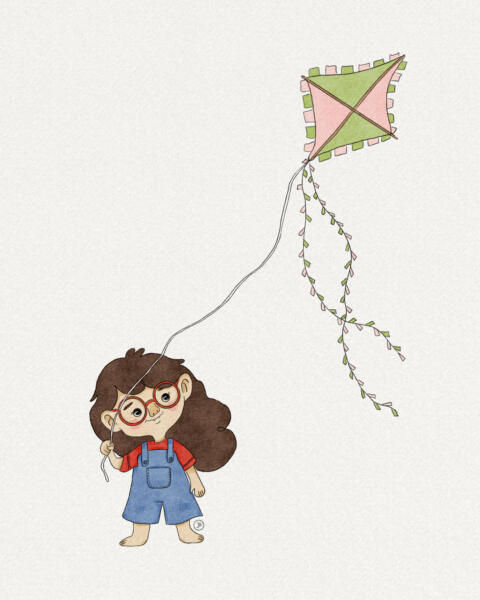 Digitalt ritad flicka som håller i en drake. 