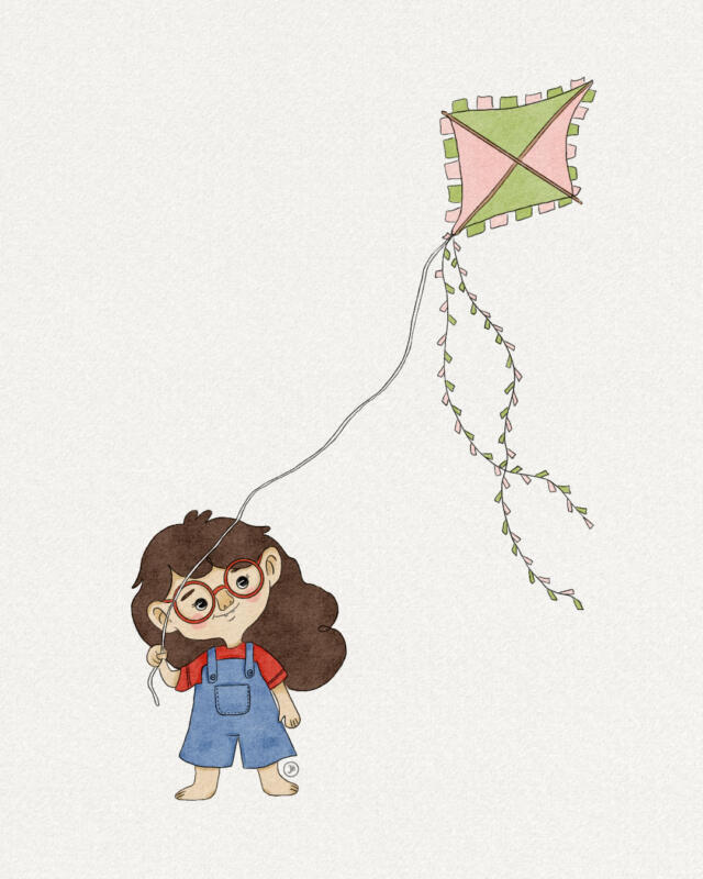 Digitalt ritad flicka som håller i en drake. 