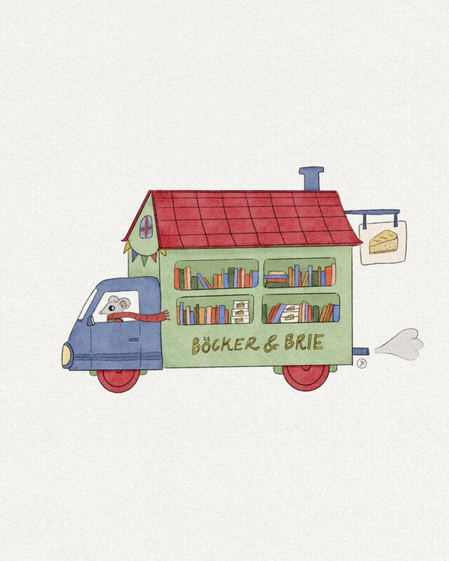 Digital illustration föreställande en bil som säljer böcker och brieost, en mus kör bilen.