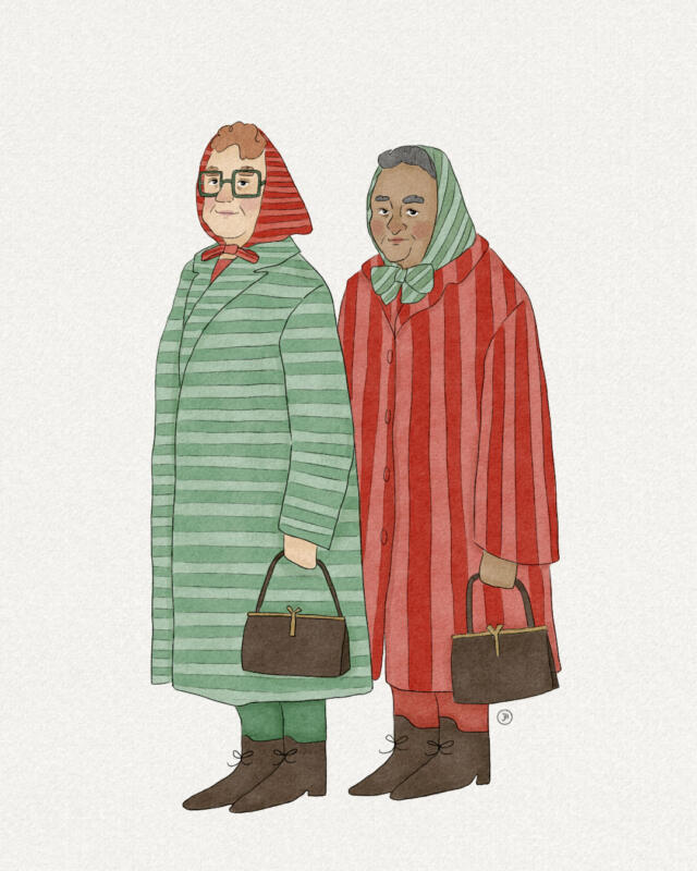 Digital ritade damer som bär randiga kläder.