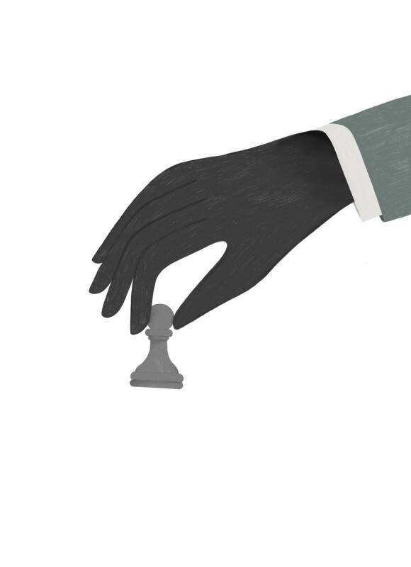 Redaktionell illustration föreställande en hand som lyfter en schackpjäs.