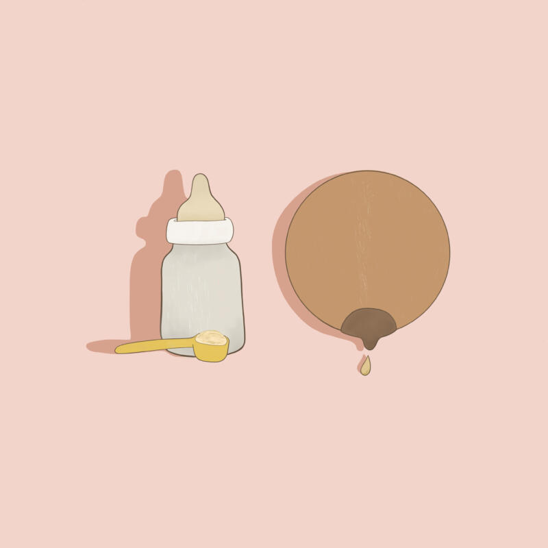 Redaktionell illustration föreställande ett bröst bröst och formula för ammande mammor. 