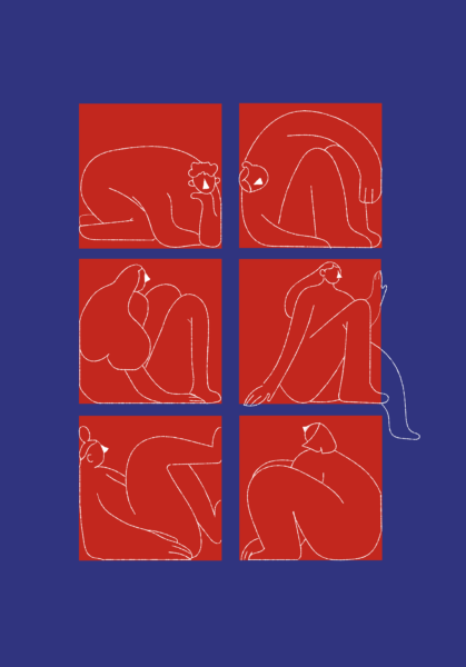 Figurer som sitter i lådor och vill bryta sig loss. Poster skapad för affischtävling. PrintPower 2025 