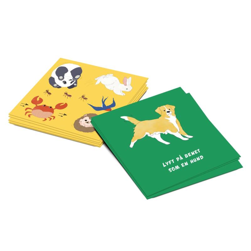 Spelkort ritade digitalt med djur som gör olika rörelser. Aktivitetsspel rörelse för barn.