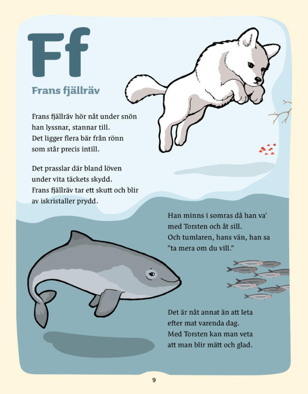 Sida ur ABC-bok med ett stort F och texten Frans Fjällräv. En berättelse om Frans och bild på honom och hans vän Torsten tumlare.
