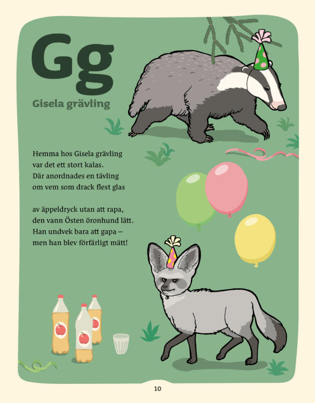 Sida ur ABC-bok med ett stort G och texten Gisela grävling. En berättelse om Gisela och bild på henne och hennes vän Östen öronhund.
Url till video - endast Youtube eller Vimeo