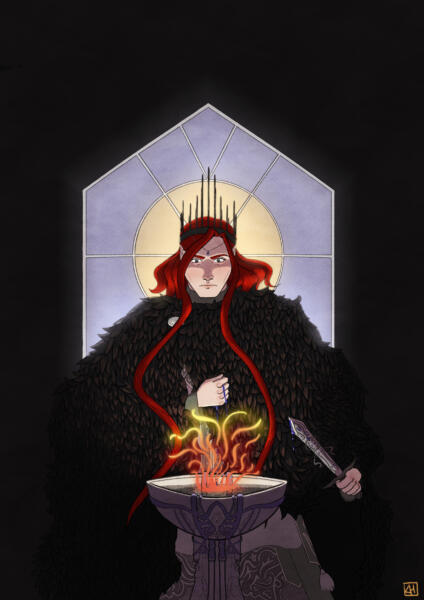 Digital illustration av en rödhårig kung som står framför en flammande skål vatten.