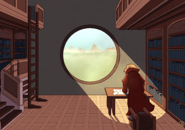 Illustration of a person standing in a ray of light in a library.