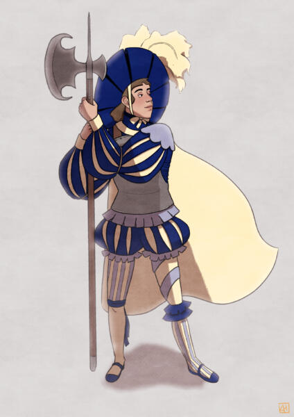 Karaktärsdesign av en kvinnlig riddare med färgstark utstyrsel och stor hatt.