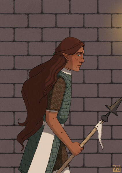 Digital illustration av en skogsalv på patrull som håller ett spjut.