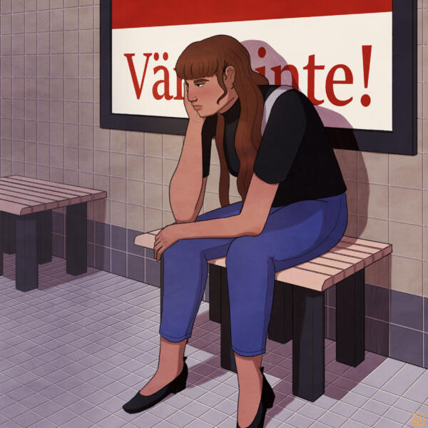 Digital illustration av en kvinna som sitter och väntar på en tunnelbanestation.