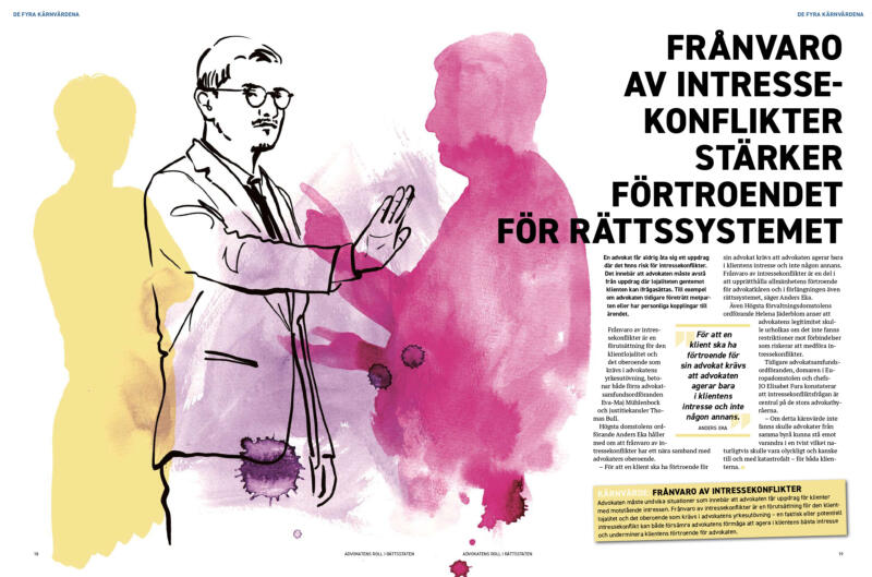 Illustration i tusch och akvarell av en advokat som som står upp för sin klient