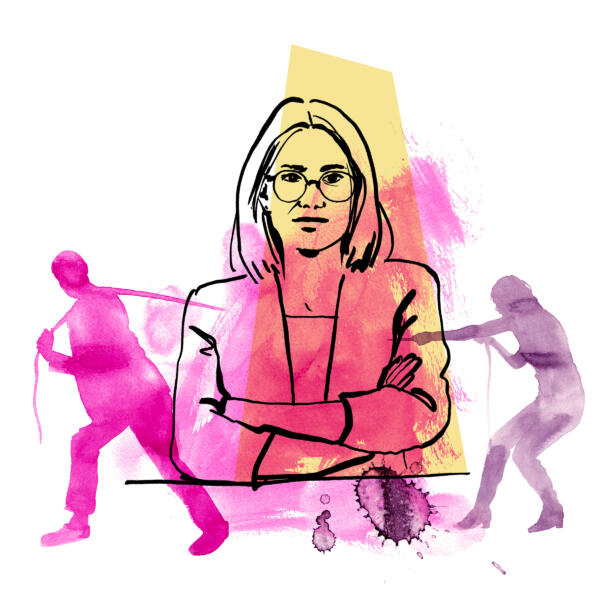 Illustration i tusch och akvarell av en bestämd kvinnlig advokat