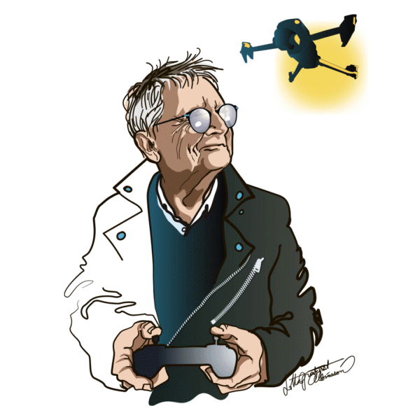 Personporträtt illustration till tidningsartikel om fotograf Peter Nerström. Illustrationen visar när han håller i en fjärrkontroll och styr sin drönare under fotografering på hög höjd. 