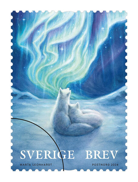 Vinterfrimärke målat med akvarell, föreställande två fjällrävar och norrsken.