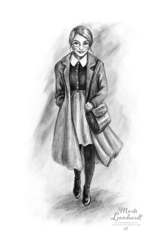 Bokillustration i kol. Karaktär, teckning av en kvinna med lång kappa som går.