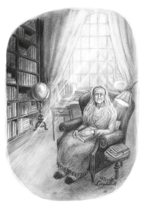 Illustrationer i kol för barnboken "Skrothandlerens datter" som jag gjort tillsammans med den norske författaren Frode Eie Larsen. Bokillustration, svartvita spot illustration, detalj. En mormor sitter i en fåtölj omgiven av bokhyllor med böcker. Rummet liknar ett gammalt bibliotek.