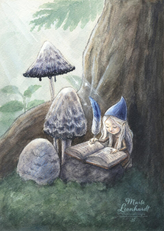 Författaren, akvarell. Illustration av en liten tomteflicka som skriver med bläck från en bläcksvamp.